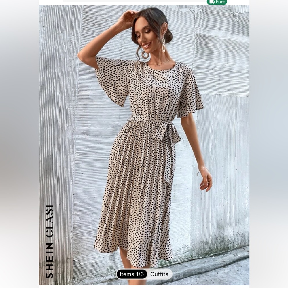 Graphic print butterfly sleeve belted dress